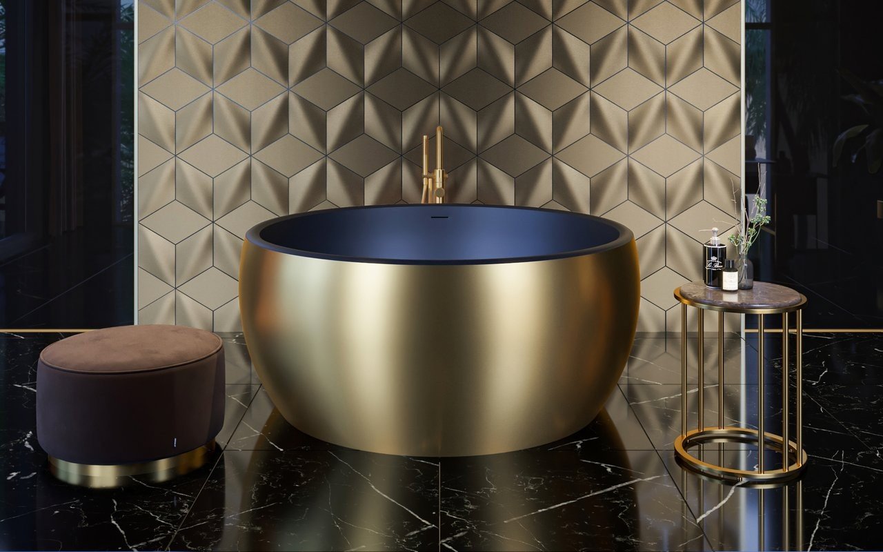 Aquatica Aura Mini Viktorianische Gold-Schwarze runde freistehende Badewanne aus Mineralwerkstoff picture № 0