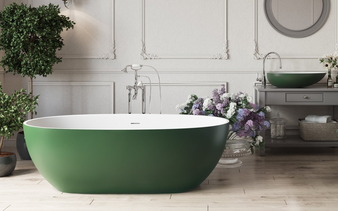 Aquatica Corelia Freistehende Badewanne aus Kunststein AquateX™ – Außen Moosgrün, Innen Weiß picture № 0