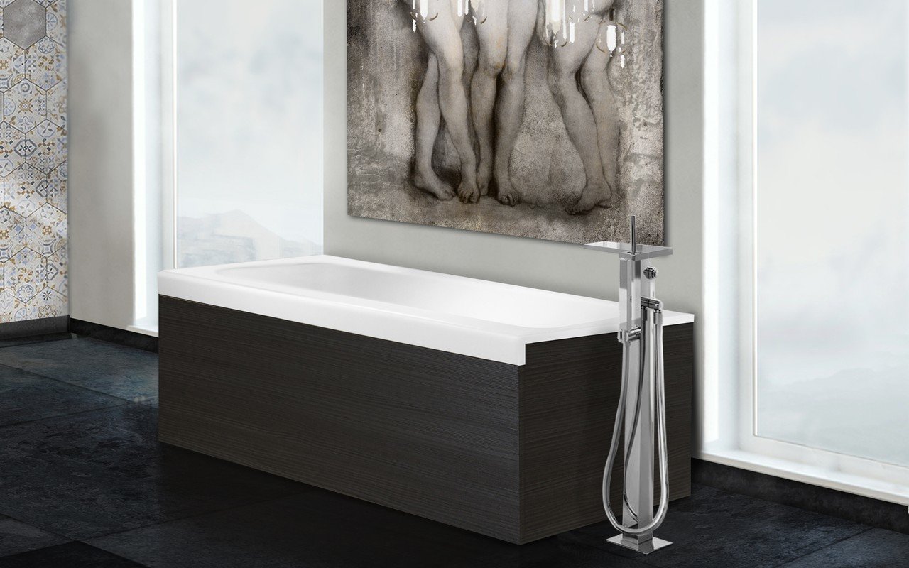 Aquatica Pure 1D Vorwandbadewanne aus Kunststein AquateX™ mit Dunklen Dekorativer Seitlicher Holztäfelung picture № 0